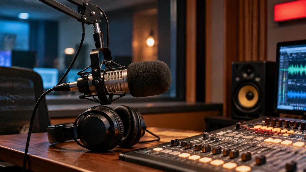 Estúdio de rádio com microfone profissional e mesa de som representando a história do Dia do Radialista e suas diferentes datas de celebração