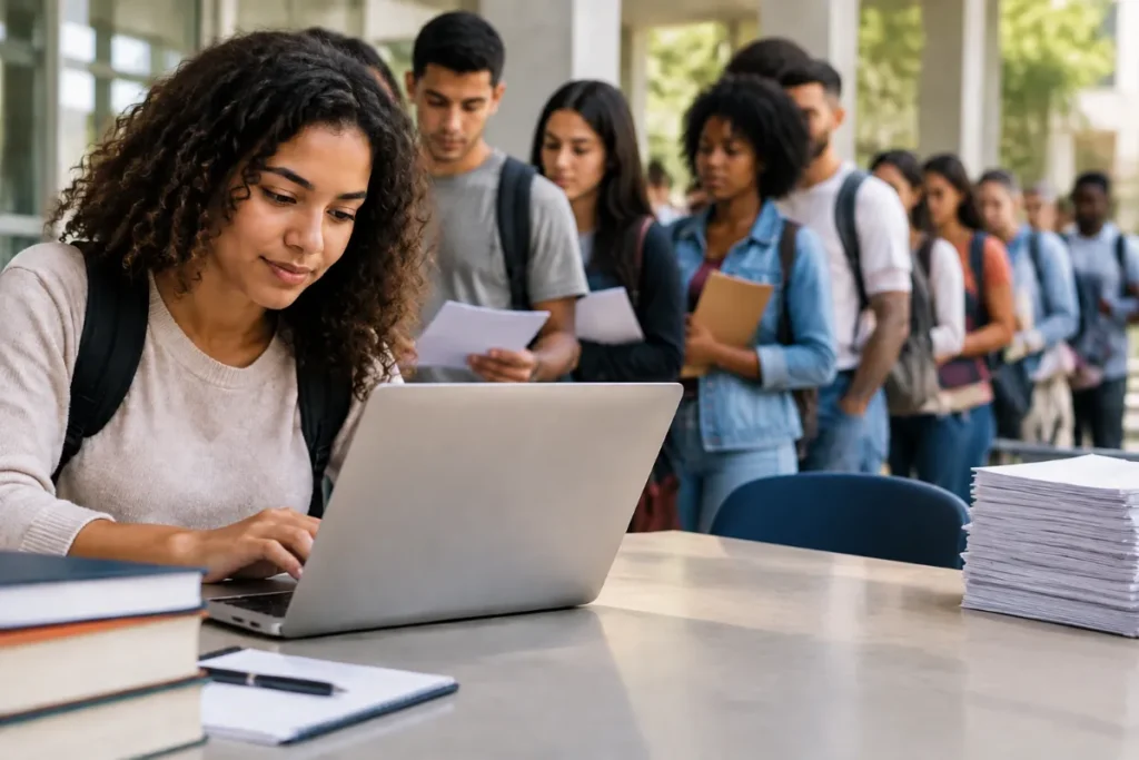 Estudante usando notebook em ambiente universitário com outros alunos ao fundo segurando documentos