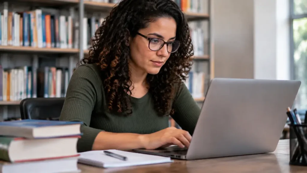 Pesquisadora analisando documentos em notebook para participar de edital acadêmico de educação inclusiva