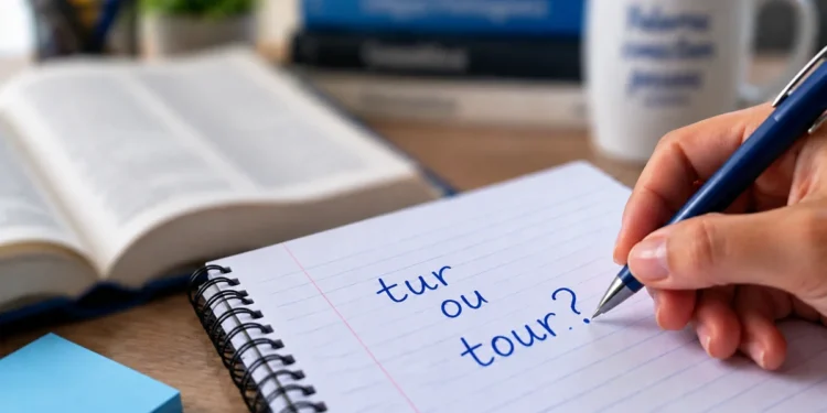 Mão escrevendo em um caderno a dúvida de português sobre o uso correto das palavras “tur” ou “tour”.