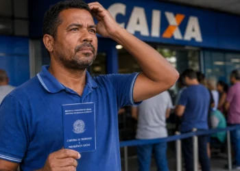 Trabalhador com carteira de trabalho em frente a uma agência da Caixa, representando a dúvida sobre o depósito do Abono Salarial PIS/Pasep em setembro.