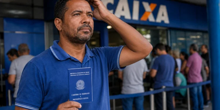 Trabalhador com carteira de trabalho em frente a uma agência da Caixa, representando a dúvida sobre o depósito do Abono Salarial PIS/Pasep em setembro.