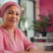 Mulher com lenço rosa em ambiente de trabalho representa reinserção profissional após câncer de mama.