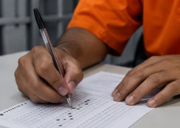 Pessoa privada de liberdade realiza prova do Enem PPL com caneta preta e folha de respostas sobre a mesa.