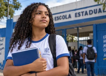 Estudante em frente a uma escola representa os desafios para a conclusão do ensino médio no Brasil.