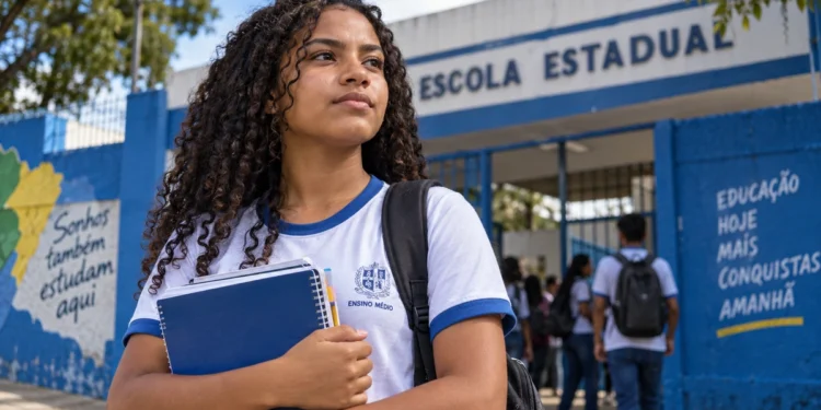 Estudante em frente a uma escola representa os desafios para a conclusão do ensino médio no Brasil.