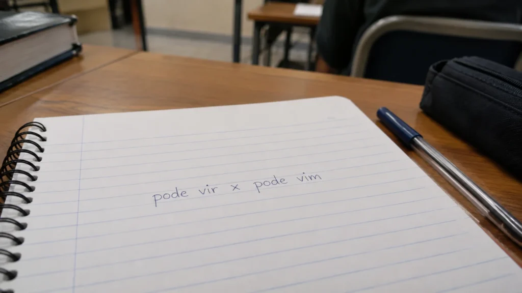 Caderno com as expressões “pode vir” e “pode vim”, representando por que a forma “pode vim” é incorreta na língua portuguesa.