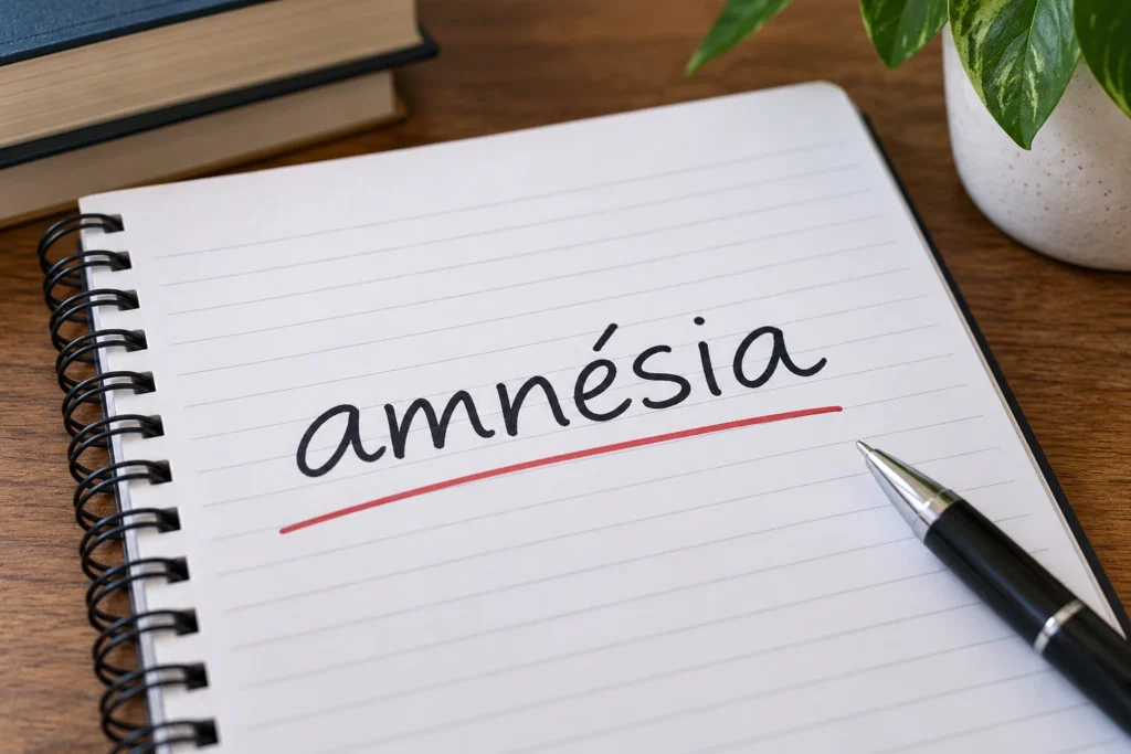 Palavra “amnésia” escrita corretamente, sem a letra “i” entre as consoantes “m” e “n”, em um caderno.