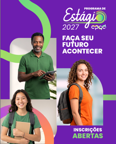 Arte do Programa de Estágio 2027 do CPQD com estudantes de mochila, ligada aos requisitos do estágio em Campinas
