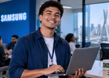 Jovem utilizando notebook em escritório moderno representando o Estágio Samsung 2027, com inscrições abertas até 14/10.