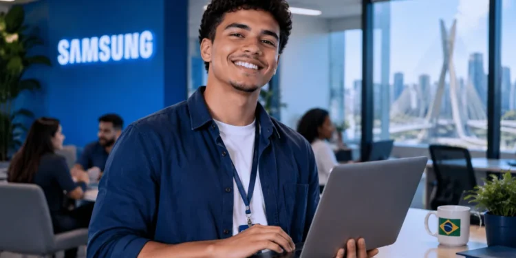 Jovem utilizando notebook em escritório moderno representando o Estágio Samsung 2027, com inscrições abertas até 14/10.