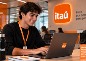 Universitário participa de programa de férias do Itaú Unibanco em ambiente corporativo.
