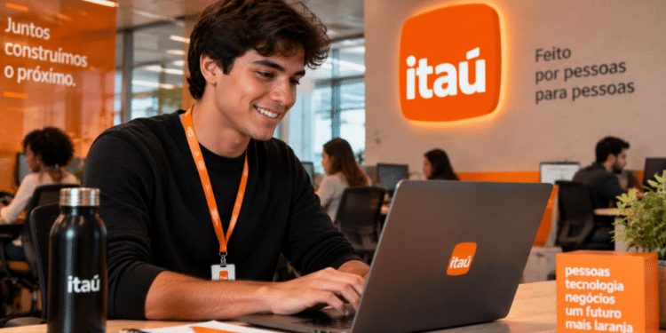 Universitário participa de programa de férias do Itaú Unibanco em ambiente corporativo.