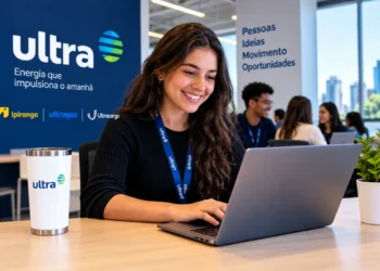 Jovem mulher sorrindo digita no notebook com crachá Ultra em escritório moderno, simbolizando o estágio da Ultrapar.