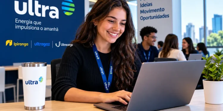 Jovem mulher sorrindo digita no notebook com crachá Ultra em escritório moderno, simbolizando o estágio da Ultrapar.