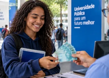 Estudante universitária recebe pagamento de bolsa de estágio, representando cursos com maiores remunerações no Brasil.