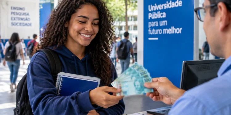 Estudante universitária recebe pagamento de bolsa de estágio, representando cursos com maiores remunerações no Brasil.