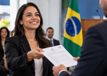 Servidora pública recebe documento de nomeação durante cerimônia de ingresso no serviço público.