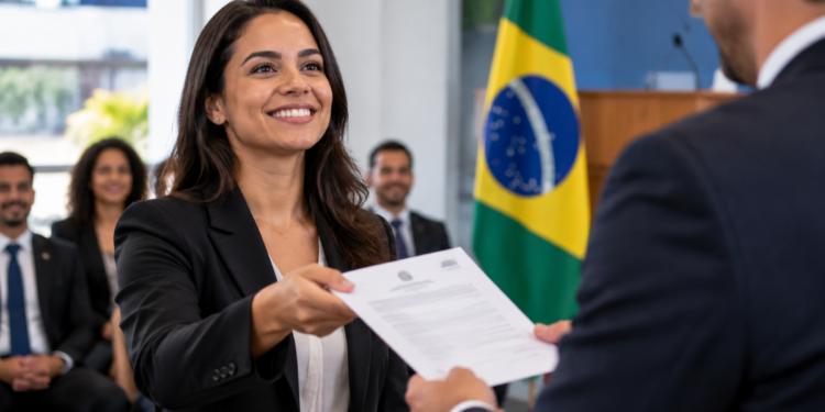 Servidora pública recebe documento de nomeação durante cerimônia de ingresso no serviço público.