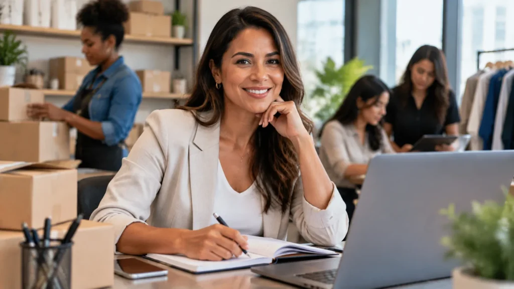 Mulher empreendedora em escritório analisando documentos e liderando negócio formalizado com equipe ao fundo