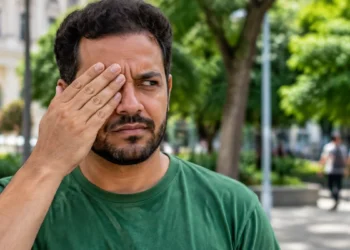 Homem cobre um dos olhos com a mão em uma praça, representando a expressão “fazer vista grossa”.