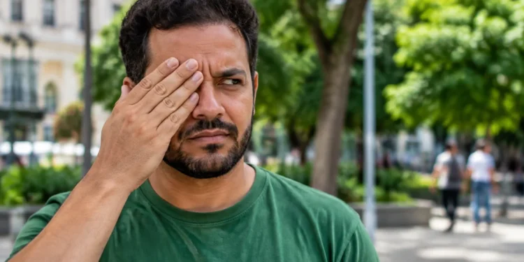 Homem cobre um dos olhos com a mão em uma praça, representando a expressão “fazer vista grossa”.