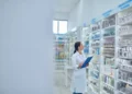 Farmacêutica organiza medicamentos em farmácia durante o Dia Internacional do Farmacêutico.