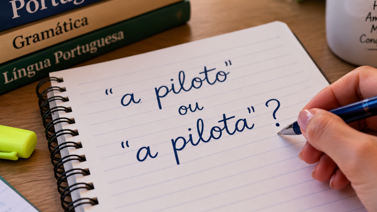 Caderno com anotação sobre o uso de “a piloto” ou “a pilota” na língua portuguesa.