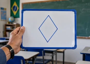 Losango desenhado em quadro branco, representando a forma correta de escrever o nome do quadrilátero.
