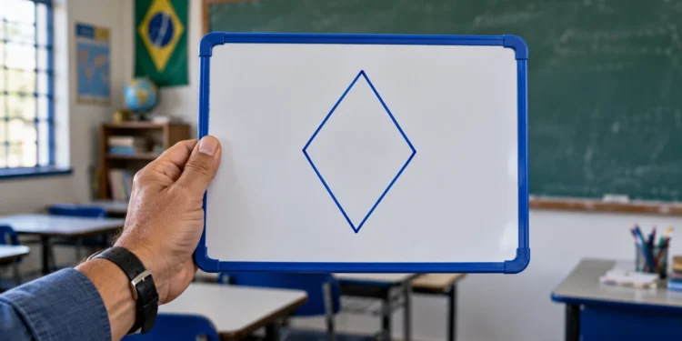Losango desenhado em quadro branco, representando a forma correta de escrever o nome do quadrilátero.