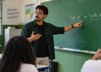 Professor explicando no quadro qual é a forma correta: “pode vir” ou “pode vim”, durante uma aula de português.