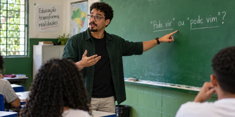 Professor explicando no quadro qual é a forma correta: “pode vir” ou “pode vim”, durante uma aula de português.