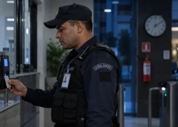 Vigilante uniformizado registra entrada em controle de acesso durante jornada de trabalho 12x36