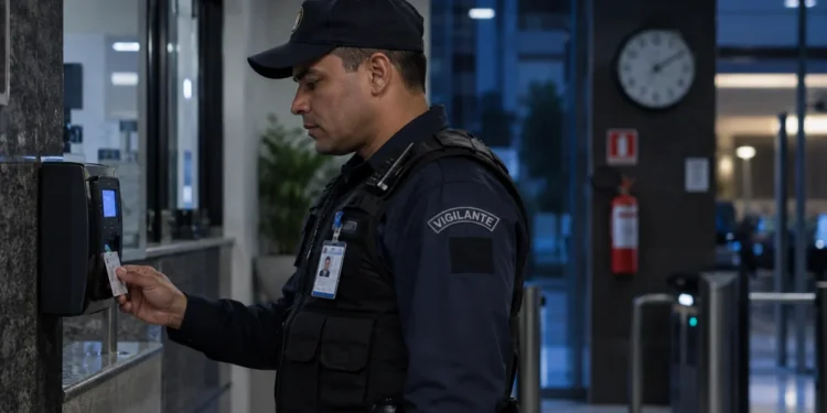 Vigilante uniformizado registra entrada em controle de acesso durante jornada de trabalho 12x36
