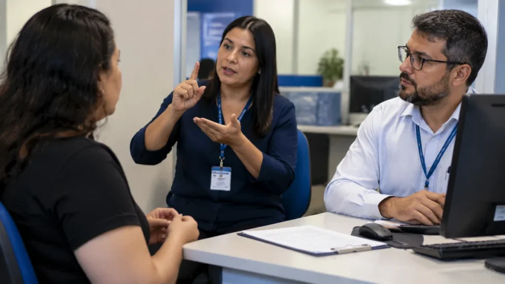 Intérprete de Libras realiza a mediação da comunicação durante atendimento, representando a presença do profissional na Perícia Médica Federal do INSS.