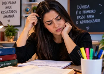 Estudante com expressão de dúvida observa o caderno, representando a incerteza sobre a grafia correta de “contraindicação”.