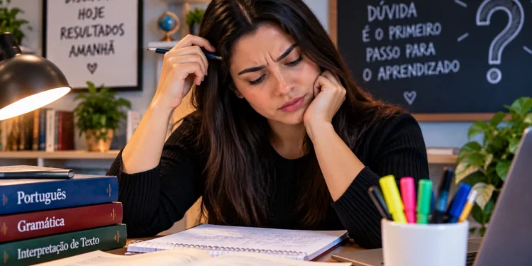 Estudante com expressão de dúvida observa o caderno, representando a incerteza sobre a grafia correta de “contraindicação”.