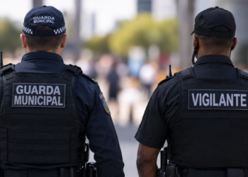 Guarda municipal e vigilante fardados de costas, representando a comparação entre salários, requisitos, estabilidade e benefícios das duas carreiras de segurança em 2026.