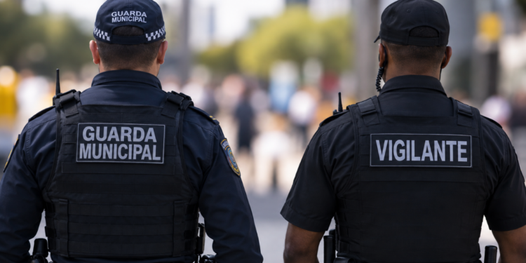 Guarda municipal e vigilante fardados de costas, representando a comparação entre salários, requisitos, estabilidade e benefícios das duas carreiras de segurança em 2026.