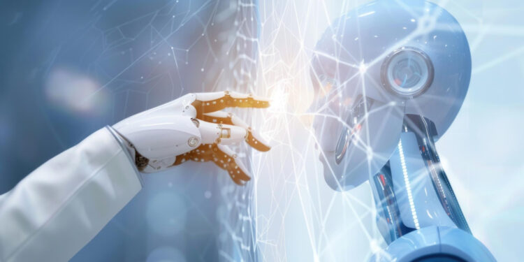 Imagem ilustrativa de mão robótica tocando a interface de uma rede digital luminosa, com a cabeça de um humanoide ao lado, representando o avanço da inteligência artificial no trabalho.
