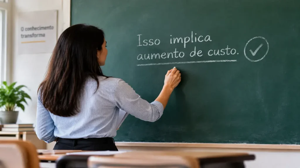 Mulher de costas escreve na lousa "Isso implica aumento de custo" com marca de verificação, simbolizando a forma correta de "implica", sem o uso do "em".