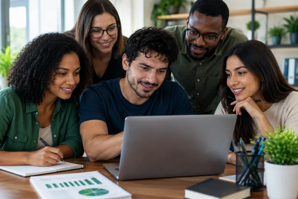Profissionais reunidos em ambiente de estudo analisando conteúdos no notebook durante aprendizado de Excel