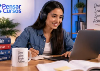 Estudante acompanha curso de inglês online da Pensar Cursos pelo computador e aprende no próprio ritmo.