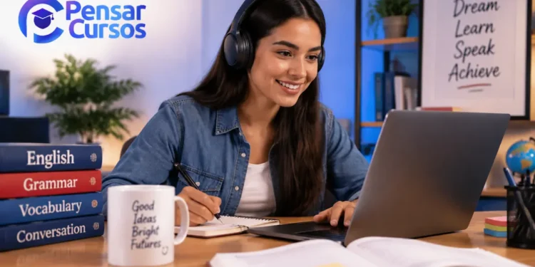 Estudante acompanha curso de inglês online da Pensar Cursos pelo computador e aprende no próprio ritmo.