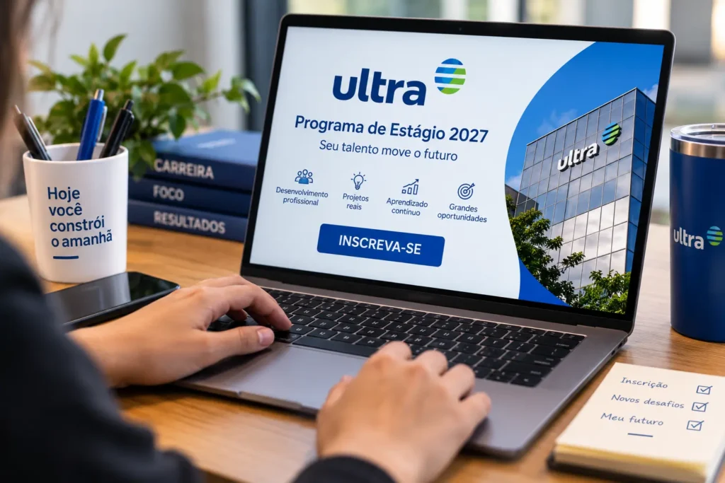 Pessoa digitando em notebook exibindo anúncio do Programa de Estágio Ultra 2027, com caneca e materiais de escritório ao redor, simbolizando as inscrições para o programa de estágio Ultrapar.