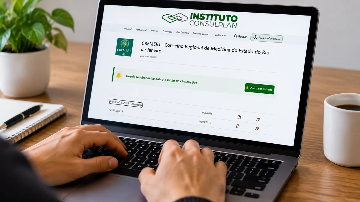 Pessoa utilizando notebook com página do concurso Cremerj aberta para inscrições.