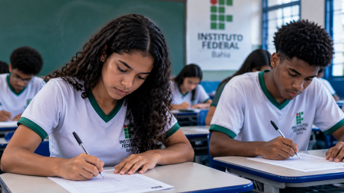 Estudantes realizando prova em sala de aula do IFBA durante processo seletivo para cursos técnicos.
