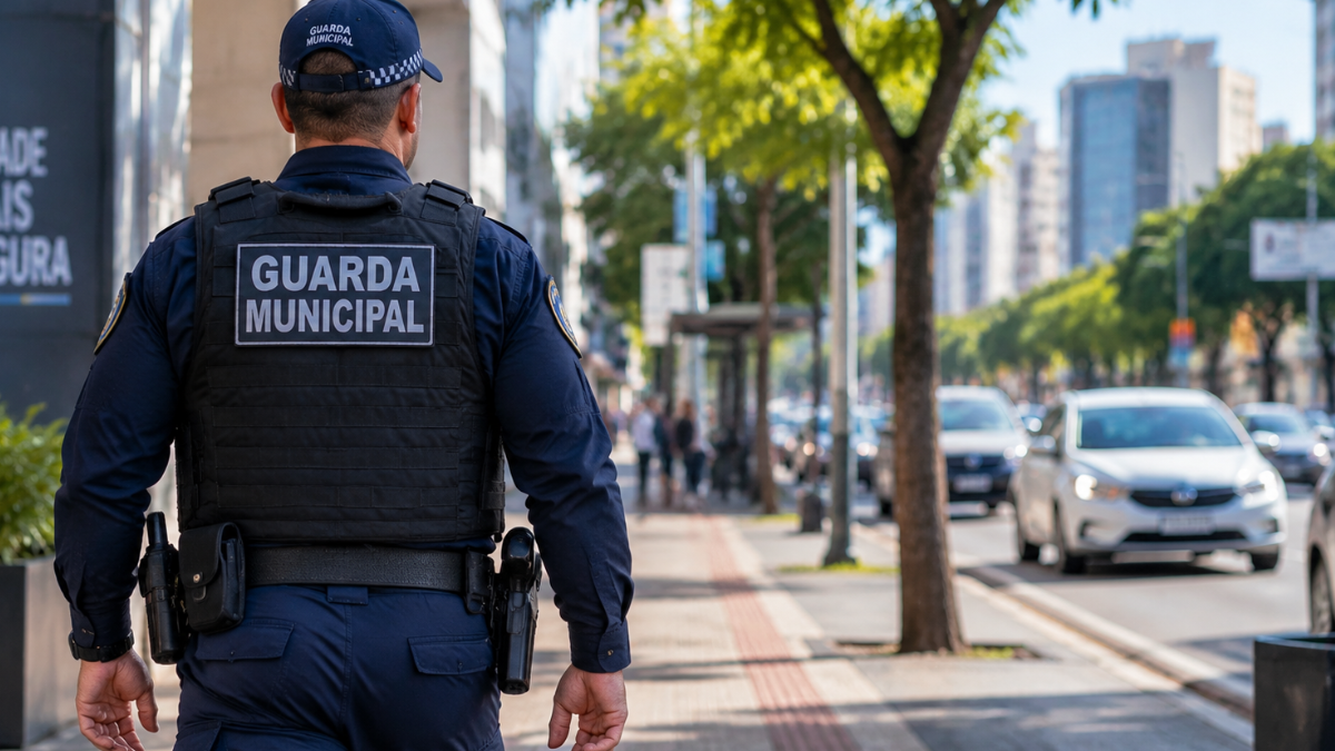 Guarda municipal fardado realiza patrulhamento em rua de cidade, simbolizando os concursos para a Guarda Municipal com inscrições abertas até outubro.