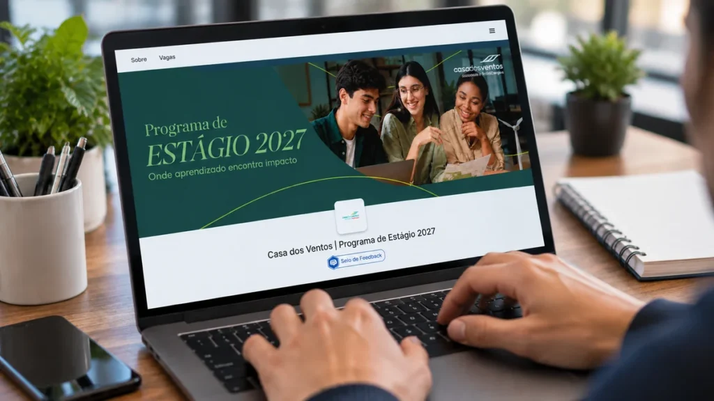 Notebook exibindo página do Programa de Estágio 2027 da Casa dos Ventos durante período de inscrições abertas até 30 de setembro de 2026.