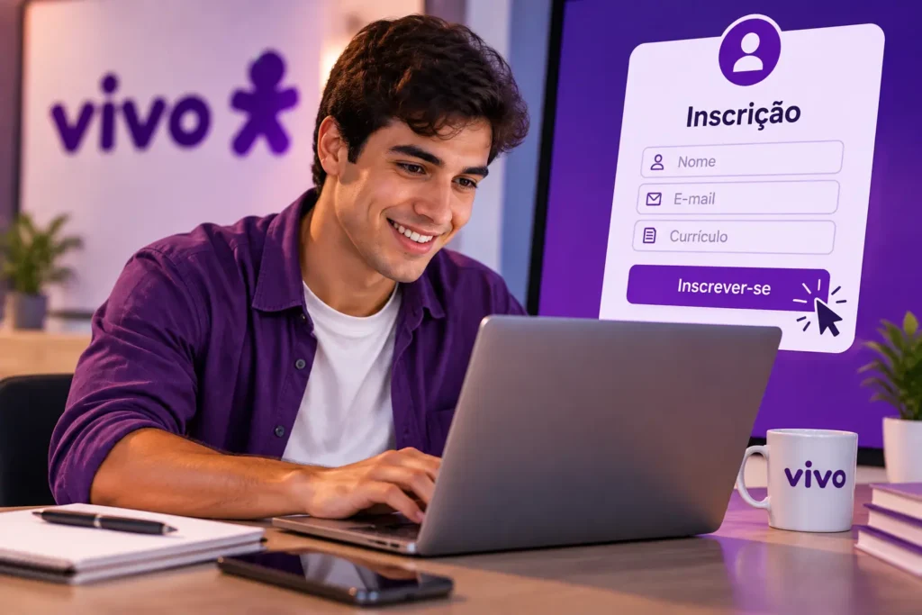 Rapaz sorridente preenche inscrição da Vivo em notebook, ambiente colorido de roxo, simbolizando as inscrições do programa trainee da Vivo.